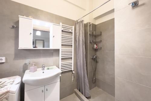 a bathroom with a sink and a shower at Cozy Cityscape Apartment in Athens in Athens