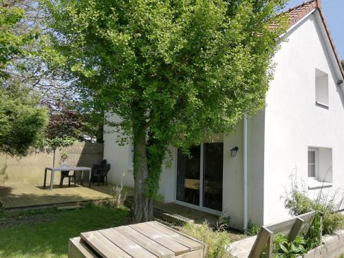 una pequeña casa blanca con un árbol en el patio en A l'ombre du ginkgo, en Campagne-lès-Hesdin