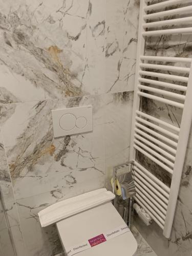 a bathroom with a toilet and a marble wall at LiNZ CITY SUITE in Linz