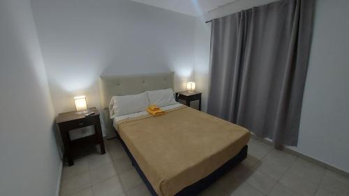 1 dormitorio con 1 cama y 2 mesitas de noche con lámparas en Departamento Salta en Mendoza