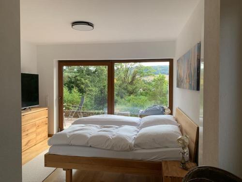 1 dormitorio con 1 cama grande y ventana grande en Schöne Ferienwohnung im Landhaus en Stadtlengsfeld