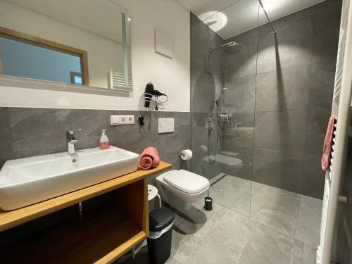 a bathroom with a sink and a shower and a toilet at Weingut & Straußwirtschaft Vogel in Vogtsburg