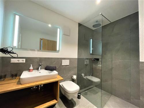 a bathroom with a sink and a shower and a toilet at Weingut & Straußwirtschaft Vogel in Vogtsburg