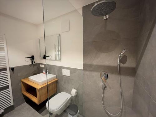 a bathroom with a shower and a toilet and a sink at Weingut & Straußwirtschaft Vogel in Vogtsburg