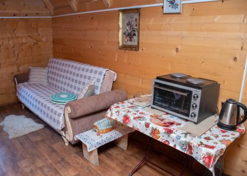 a room with a couch and a table with a microwave at Forest fruit Jelovica in Berane