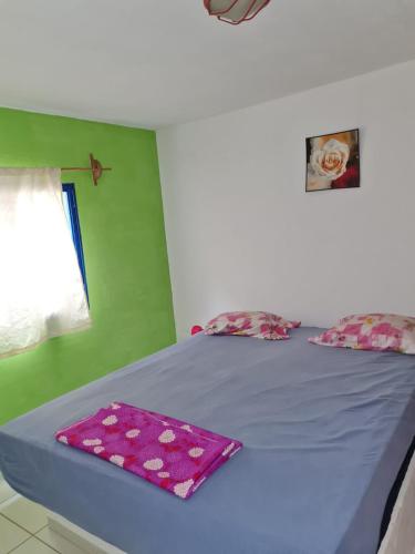 DaWy في Areguá: غرفة نوم مع سرير مع ملاءات أرجوانية ونافذة