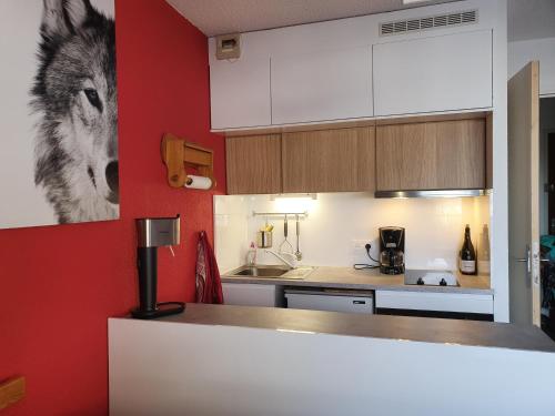 a kitchen with a wolf picture on the wall at La Foux d'Allos -Le Centre - Appartement T2 cosy et lumineux en cœur de station in La Foux