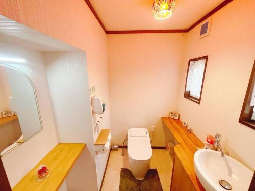 a bathroom with a white toilet and a sink at 団体歓迎ジョイサウンドカラオケ付き北軽井沢超大型貸別荘7寝室5浴室20人泊まれる in Karuizawa