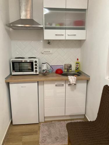 a small kitchen with a counter with a microwave at Luks MM 5 in Pančevo