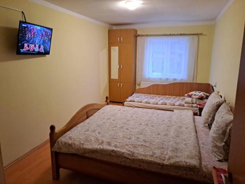 Un dormitorio con dos camas y un televisor en la pared. en Casa Argentina, en Cârţişoara