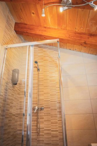 a shower with a glass door in a bathroom at Casa amb molt encant i tranquilitat. in Ansalonga