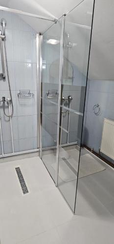 a shower with glass doors in a bathroom at Casa Sabina in Pucioasa