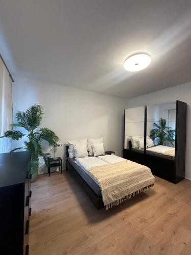 ein Schlafzimmer mit einem Bett und einer Topfpflanze in der Unterkunft Ferienwohnung Haus Paraschiv in Aue