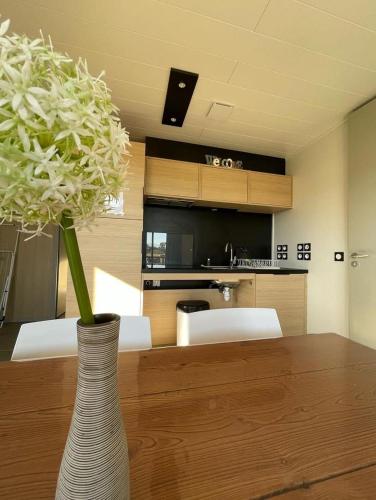 un vase avec une plante sur une table dans l'établissement Auvergne chalets Sancy, à Bagnols