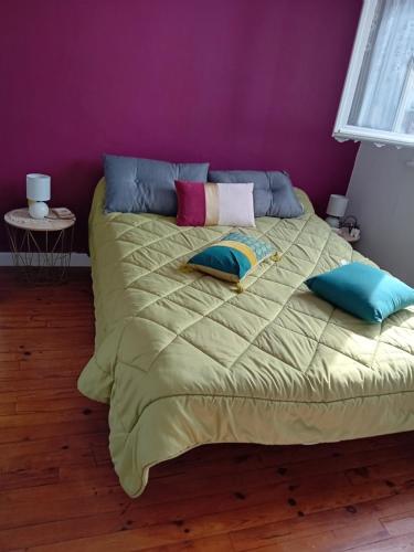1 cama grande con almohadas en el dormitorio en Gîte les palmiers, en Guingamp