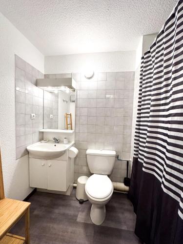 une salle de bain avec des toilettes blanches et un lavabo dans l'établissement 1- Studio Brides-les-bains tout confort, à Brides-les-Bains
