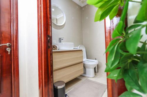uma casa de banho com um lavatório e um WC. em En plein Cœur de Gueliz em Marraquexe