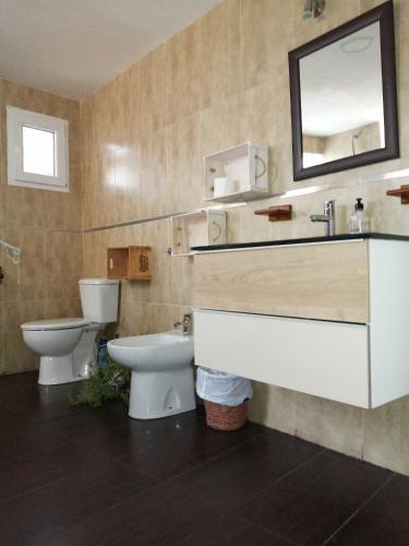 y baño con 2 aseos, lavamanos y espejo. en Reposo tranquilo en entorno rural, en Cetina