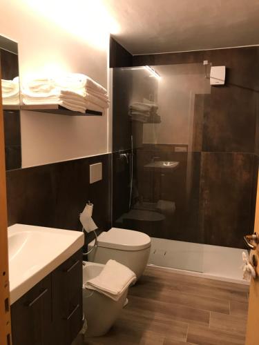 een badkamer met een toilet, een wastafel en een douche bij Casetta San Pellegrino in Passo San Pellegrino