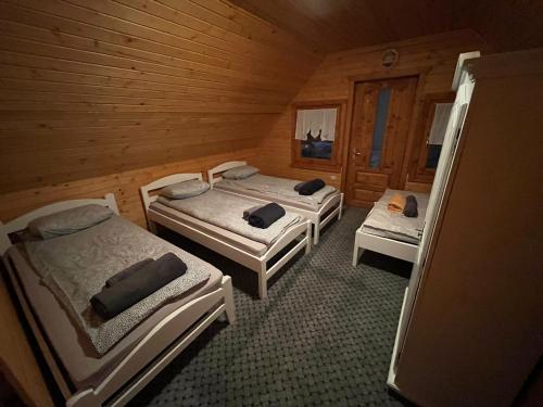 a bedroom with three beds in a wooden cabin at Forest Guest House in Sîntimbru-Băi