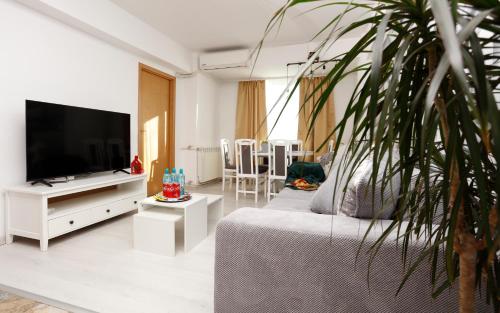 uma sala de estar com um sofá e uma televisão em Traditional Romanian Apartments Old Town City em Bucareste