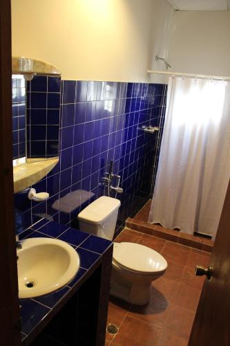 bagno piastrellato blu con servizi igienici e lavandino di Hacienda Alajuela a Colón