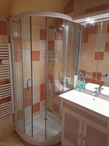 une salle de bain avec douche et lavabo dans l'établissement Appartement serre chevalier 1200, à Briançon