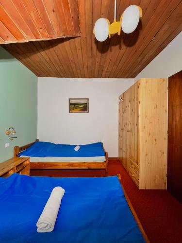 a bedroom with a blue bed and a wooden ceiling at Vila Morava in Liptovský Mikuláš