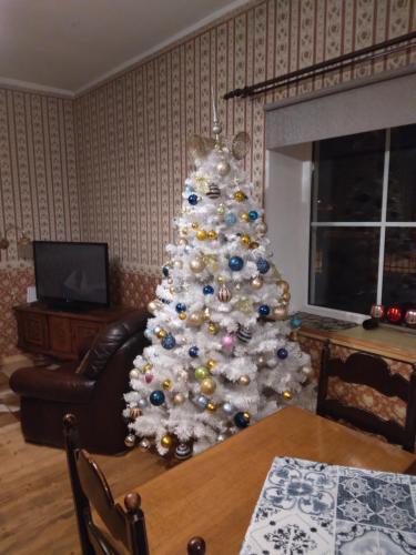 ein weißer Weihnachtsbaum im Wohnzimmer in der Unterkunft Vana-Vastseliina külalistemaja in Illi