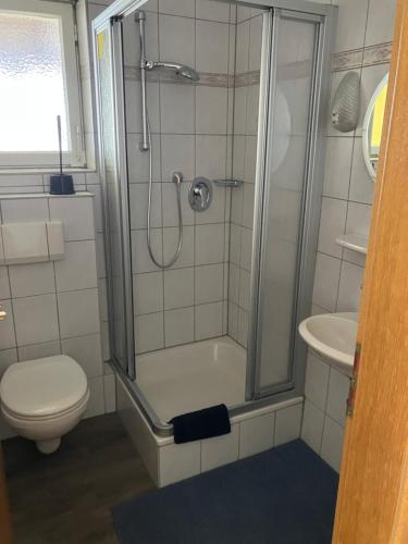uma casa de banho com um chuveiro, um WC e um lavatório. em Großes Panorama Haus für Freunde em Pottenstein