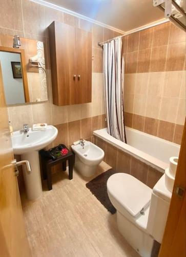 a bathroom with a toilet and a bidet and a sink at Ático Puerto Mar in O Pindo