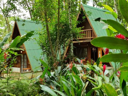 una casa en el bosque con un techo verde en Floresta Encantada en Ubatuba