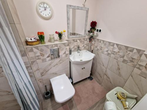 een badkamer met een wastafel, een toilet en een spiegel bij Варна Младост 143 in Varna