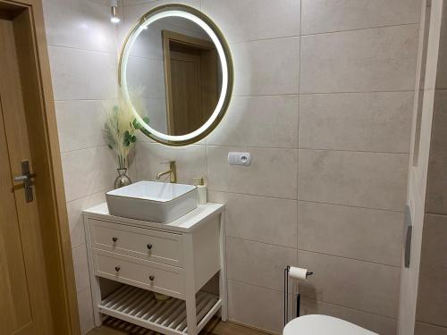 ein Badezimmer mit einem weißen Waschbecken und einem Spiegel in der Unterkunft Willa Wioletta in Tylmanowa