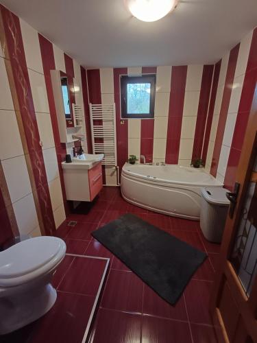 een badkamer met een bad, een toilet en een wastafel bij House in the Forest in Cătunu