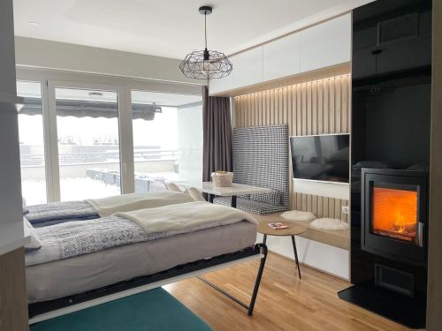 a bedroom with a bed and a fireplace and a television at Sarajevo 84 in Bjelašnica