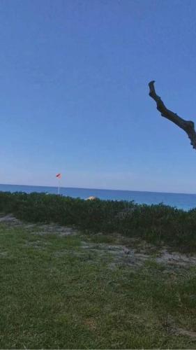 a kite flying in the sky over the ocean at Dans résidence à bord de la mer avec plage privée in Chott Meriem