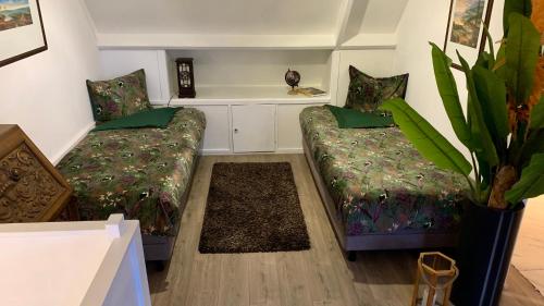 a living room with two beds and a plant at Cityhouse Vincent in Den Helder