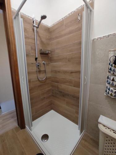 a shower in a bathroom with wooden walls at Bella Civita in Bagnoregio