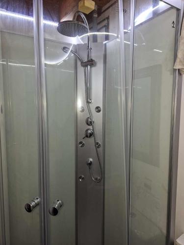 a shower with a glass door in a bathroom at Le Gîte Des Korrigans in La Feuillée