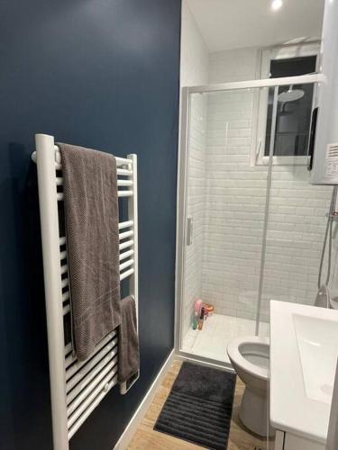 une salle de bain avec toilettes et douche en verre dans l'établissement Cosy appartement / stade de France / portes paris, à Saint-Denis