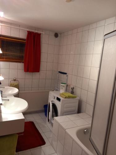a bathroom with a washing machine and a sink at Landhaus-Königsberg, Vorberg 360 Ebengütlweg in Ramsau am Dachstein