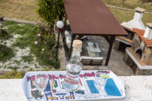 een fles water zittend op een dienblad met glazen bij Villa SK in Sissi
