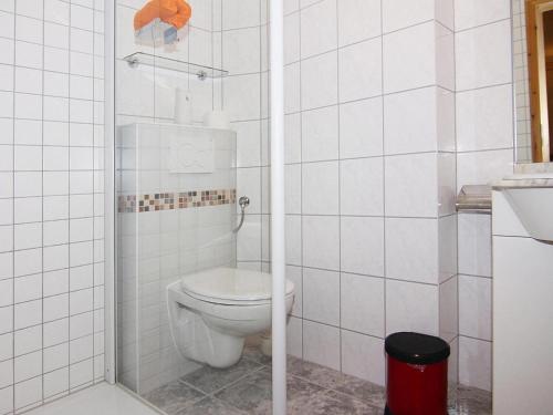 a white bathroom with a toilet and a shower at Apartment house, Lütow in Lütow