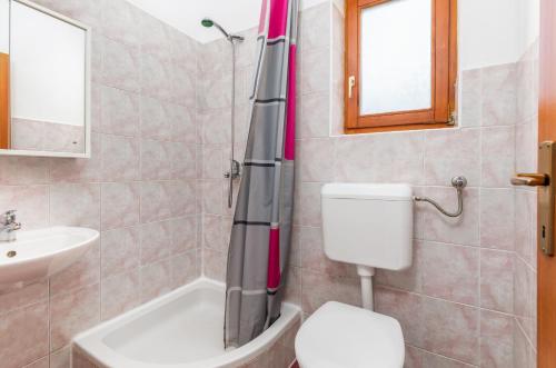 una ducha en un baño con inodoro y lavabo en Apartments Centar 365, en Fažana
