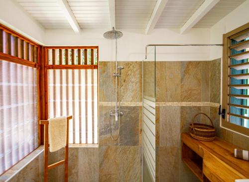 W łazience znajduje się prysznic ze szklanymi drzwiami. w obiekcie Les Cabanes Perchées w mieście Bouillante
