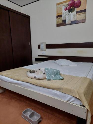 a bed with a doll laying on top of it at Hotel Rapsodia City Center in Botoşani