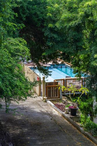 a view of a swimming pool with a fence and trees at Les Cabanes Perchées in Bouillante