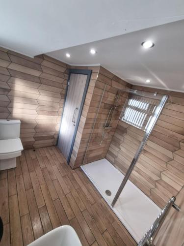 a bathroom with a shower and a toilet at Sussex apartments 26A in Grimsby