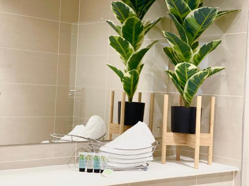 ein Badezimmer mit zwei Pflanzen auf einem Regal vor einem Spiegel in der Unterkunft Urban Gateway Spacious Apartment with free parking in Bracknell